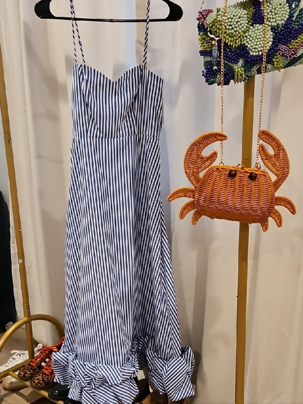 Striped Blue and White Maxi Dress with Ruffle Hem